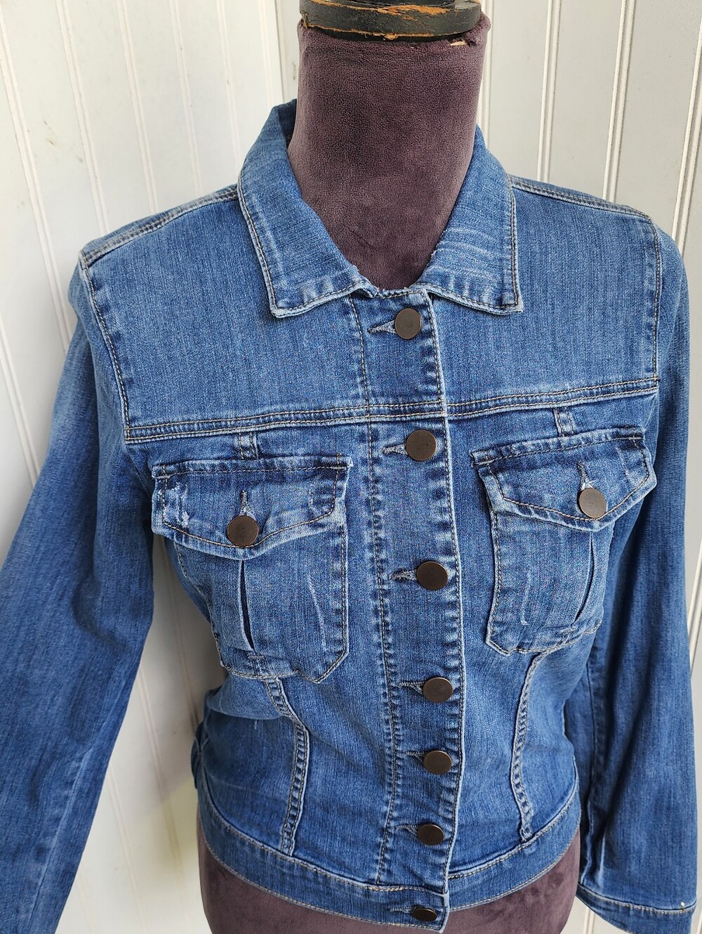 Kut From The Kloth Blue Stretch Fitted Crop Denim Jacket Faithfully Sz M - Picture 3 of 15